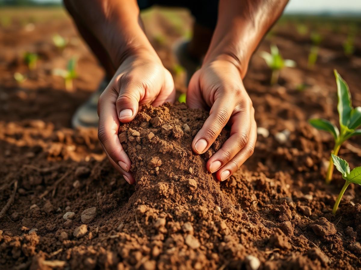 Mãos de produtor rural avaliando a terra